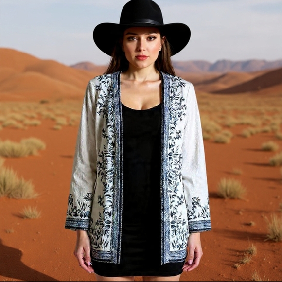 Lily Morgan Jackets & Blazers - XL🍀Chic Boho White Open-Front Blazer with Black Trim